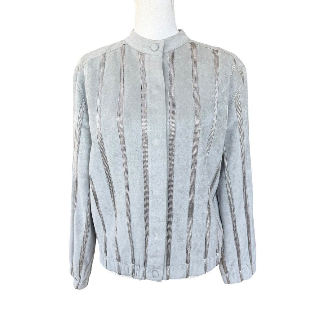St. Croix Knits Vintage Grey Faux Suede Striped‎ Bomber Jacket Women Medium